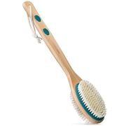 MainBasics Back Scrubber for Shower - Long Handle Dual-Sided Brush for Body Wash & Scrubbing with Exfoliating & Soft Bristles (Teal, Wood)