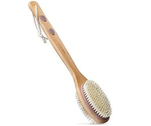 MainBasics Back Scrubber for Shower - Long Handle Dual-Sided Brush for Body Wash & Scrubbing with Exfoliating & Soft Bristles (Lavender, Wood)