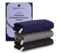 MainBasics Exfoliating Shower Towel - Japanese Nylon Bath Towel and Body Washcloth, Quick-Dry, Durable, Medium Exfoliation (Set of 3, Black Ice)