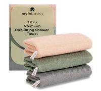 MainBasics Exfoliating Shower Towel - Japanese Nylon Bath Towel and Body Washcloth, Quick-Dry, Durable, Medium Exfoliation (Set of 3, Earthy Love)