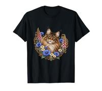 Maine Coon Cat in a Blue Wildflower Meadow Frame T-Shirt