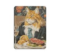Maine Coon Cat in A Suit Eating A Fancy Steak Retro Poster Metal Tin Sign Chic Art Retro Iron Painting Bar People Cave Cafe Family Garage Poster Wall Decoration 12x16inch(30x40cm)