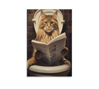 Maine Coon Cat Sitting on Toilet And Reading Newspaper. Funny Bathroom Humor. Funny And Quirky. Retro Style Animal Art Poster Canvas Poster Wall Art Decor Print Picture Paintings for Living Room Bedro