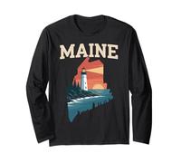 Maine Lighthouse Coastal Sunset Nature Retro Long Sleeve T-Shirt