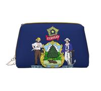 Maine State Flag Leather Hand-Held Zipper Makeup Bag Cute Make Up Case Large Wide-Open Pouch Pen Case