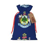 Maine State Flag Print Christmas Burlap Gift Bag With Drawstring, Present Small Favor Pouch For Birthday Parties-S Size