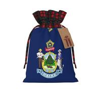 Maine State Flag Print Christmas Party Gift Bags, Linen Drawstring Xmas Holiday Wedding Treat Candy Jewelry Sacks, Color Blocking Plaid Fabric