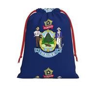 Maine State Flag Print Santa Sack Drawstring Bags For Presents, Reusable Plush Holiday Fabric Gift Bags- L Size