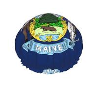 Maine State Flag Print Shower Cap - Reusable, Double Layer, Breathable, Adjustable Elastic Strap, Hotel Travel Essentials