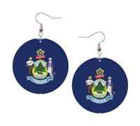 Maine State Flag Printed Round Earrings For Women, 1 Pair Lightweight Leather Pierced Earrings Set Trendy Jewelry Gifts For Women Girls