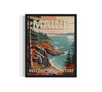 Maine State Scenery Black Framed Poster Art Print, Retro States Landscape Wall art Decor, Adventure Mountain and Scenery Painting for Bedroom, Living Room 42 (Maine, 14"L x 11"W, Black Frame)