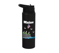 Maine Trip Souvenir Puffin Lover US Flag Maine Map Stainless Steel Insulated Water Bottle