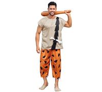 Mainfini 3 Pcs Bam Costume for Men Adult Caveman Prehistoric Characters Fancy Dress Masquerade All Hallows Eve Outfit for Theme Parties Retro Style Top Orange Trousers XXL