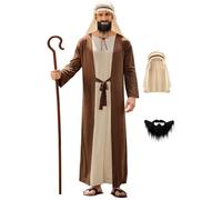 Mainfini 3 Pcs Men Shepherd Costume Adult Saint Joseph Biblical Attire Moses Beard Headkerchief Cosplay Seasonal Events Christmas Easter Heritage Style Robe L