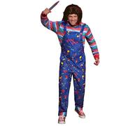 Mainfini 5 Pcs Big Tall Killer Doll Overalls Set for Plus Size Adult Men Horror Movie Complete Outfit Includes Tshirt Wig Tattoo Scars Prop Accessories ScaryCostume Couples Costume 2XL