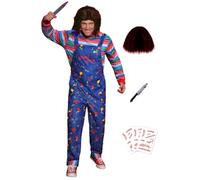 Mainfini 5 Pcs Killer Doll Horror Movie Costume Set for Adult Men Scary Killer Doll Jumpsuit Outfit Includes Tshirt Wig Tattoo Scars Prop Accessories Halloween Party S