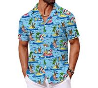 Mainfini Adult Christmas Button Shirts Xmas Surfing Santa Claus Button Down Shirt Blue Hawaiian Curved Hem Button Shirts XL