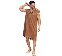Mainfini Adult Mens Caveman Barney Costume 2 Piece Set Halloween Cave Man Role Cosplay Charactor Outfit Brown Tunic Inflatable Stick Accessories Theme Party Cartoon Comic Con Dress Up Day XXL