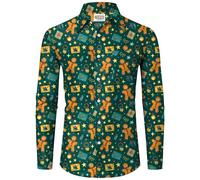 Mainfini Adult New Year Shirts Funny Christmas Gingerbread Button Shirt Xmas Full 3D Printed Top Green XXL