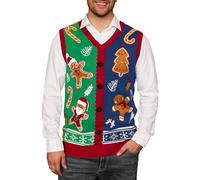 Mainfini Funny Holiday Vest Baked Santa Whimsical Christmas Design Sleeveless V-Neck Ugly Pullover Seasonal Wear Blue XXL
