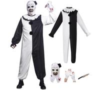 Mainfini Halloween Party Men's 4 Piece Clown Inspired Costume Set Black and White Jumpsuit Gloves Headgear Toy Knife XXL