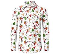 Mainfini Hilarious Holiday Shirt Deer Santa Pattern Comical Christmas Design Long Sleeve Button Down Funny Ugly Wear White L