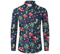 Mainfini Hilarious Holiday Shirt Holiday Tree Santa Pattern Comical Christmas Design Long Sleeve Button Down Funny Ugly Wear Navy L