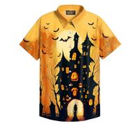 Mainfini Man Halloween Shirt Castle Button Down Shirt Novelty Witch Bats Short Sleeve Shirt L