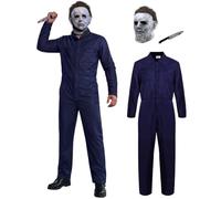 Mainfini Men 3 Pcs Killer Costume Mask Knife Jumpsuit Halloween Boilersuit | Iconic Horror Vibe,Classic Movie Slasher,Fancy Dress Party,Navy Boilersuit,Creepy Face Mask,Safe Fake Prop,Lightweight，S-2XL