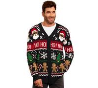 Mainfini Men Christmas Cardigan Funny Tree Knitwear Multicolored Black Candy Canes Santa HO Classic Knitted Outerwear XL