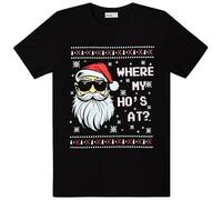 Mainfini Men Novelty Christmas T-Shirt Crewneck Black Where My Ho's at Holiday Top XXL