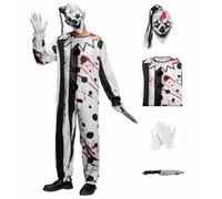 Mainfini Men's 4 Piece Scary Clown Costume Halloween Horror Killer Outfit | Black and White Jumpsuit, Relastic Mask, Prop Knife & Gloves, Adult Complete Set for Cosplay Events, Fancy Dress Parties