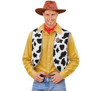 Mainfini Mens Cow Print Waistcoat Open Front Sleeveless Sheriff Woody Costume 3 Pcs Adult Cowboy Waistcoats 2025 Halloween Cow Graphic Waistcoat Red Scarf Star Police Badge Cosplay Outfit XXL