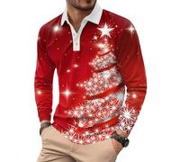 Mainfini Men's Festive Dress Polo Red Twinkle Frostflake Pattern Long Sleeve Fit Professional Holiday Red XXL