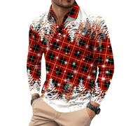 Mainfini Men's Festive Polo Shirt Red Checkered Evergreen Pattern Long Sleeve Upgraded Comfort Fit Holiday Office Attire Red M