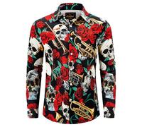 Mainfini Men's Halloween Button Up Shirt Funky Flower Skull Long Sleeve Button Down Dress Shirt XXL