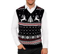 Mainfini Men's Holiday Vest Black Deer Pattern Sleeveless V-Neck Festive Pullover Christmas Party Outfit Black M