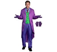 Mainfini Men's Purple Tailcoat Jacket Faux Waistcoat Halloween Costume | Lightweight Steampunk Frock Coat with Matching Knitted Gloves, 2 Piece Villain Mad Clown Outfit for Cosplay Party