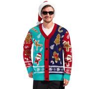 Mainfini Men's Ugly Christmas Cardigan Casual Xmas V Neck Sweater Colorblock Gingerbread Green Santa Claus Knitted Jumper M