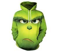 Mainfini Men's Ugly Christmas Hoodies Unisex Adult 3D Adult Printed Hooded Sweatshirts Green Face Pocket Holiday Jumper XL