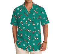 Mainfini Men's Xmas Shirts Hawaiian Christmas Snowflake Button Up Shirt Candy Cane Bars Green Short Sleeve Shirt M
