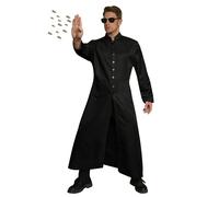 Mainfini Tech Savvy Halloween Outfit for Men Black Duster Style Coat and Signature Glasses Digital Age Warrior Full Cosplay Costume L