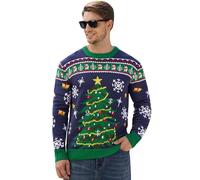 Mainfini Ugly Xmas Sweater Tree Print Amusing Holiday Design Long Sleeve Hilarious Pullover Festive Gathering Outfit Navy XL