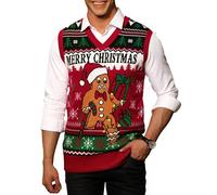 Mainfini Ugly Xmas Vest Gingerbread Treat Amusing Holiday Design Sleeveless V-Neck Hilarious Sweater Festive Party Outfit Red XL