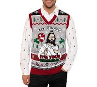 Mainfini Ugly Xmas Vest Jesus Celebration Amusing Holiday Design Sleeveless V-Neck Hilarious Sweater Festive Party Outfit Grey XL