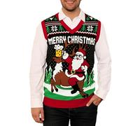 Mainfini Ugly Xmas Vest Reindeer Santa Amusing Holiday Design Sleeveless V-Neck Hilarious Sweater Festive Party Outfit Black XL
