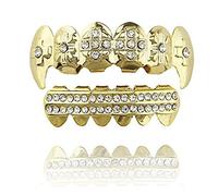 Mainlead 14k Gold Grills Cross CZ Vampire Fang Top with 2 Rows Bar Bottom Teeth Set