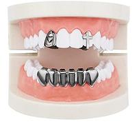 mainlead 2pc 14k Gold Cross Heart Single Fangs Teeth and 6 Bottom Grills Combo