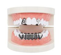 mainlead 2pc 14k Gold Cross Heart Single Fangs Teeth and 6 Bottom Grills Combo