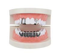 mainlead 2pc 14k Gold Cross Open Outline Single Fangs Teeth and 6 Bottom Grills Combo